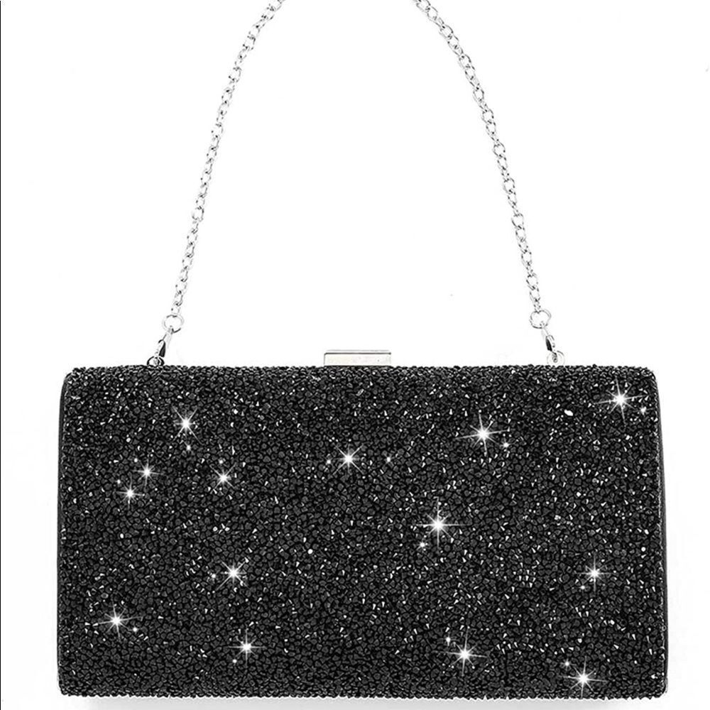 Black Crystal Purse with Crystals on Front and Back & silver detachable chain